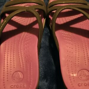 CROCS Women's Pink Footbed Sandals with Olive Straps - Slip-On Comfort